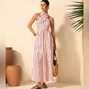 Commense Red and White Striped Halter Dress